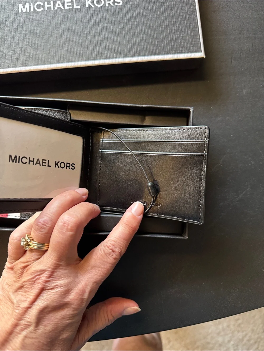 Michael Kors Men’s Black Leather Wallet Set with Red & White Stripe